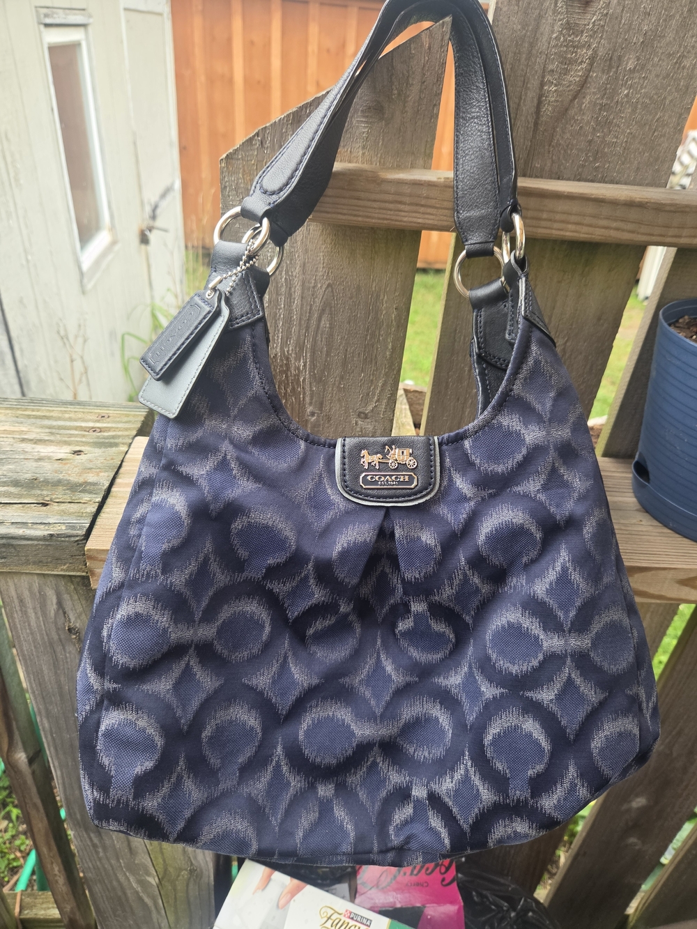 Coach Madison Op Art Ikat Maggie Hobo Shoulder Bag Navy Blue 21295